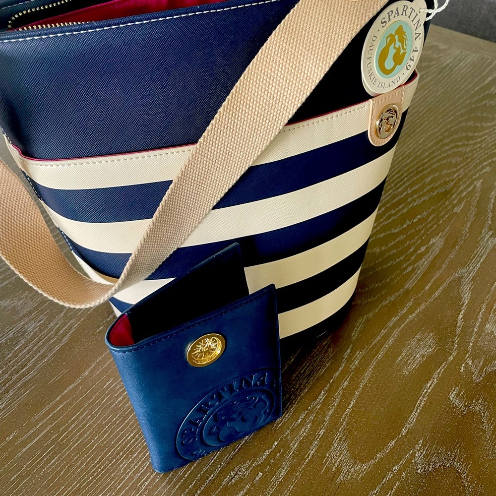 NEW! Spartina 449 Newport SP Navy Stripe Bucket Purse plus Wallet